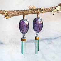 Purple Sapphire Earrings with Aquamarine & Tourmaline Wands